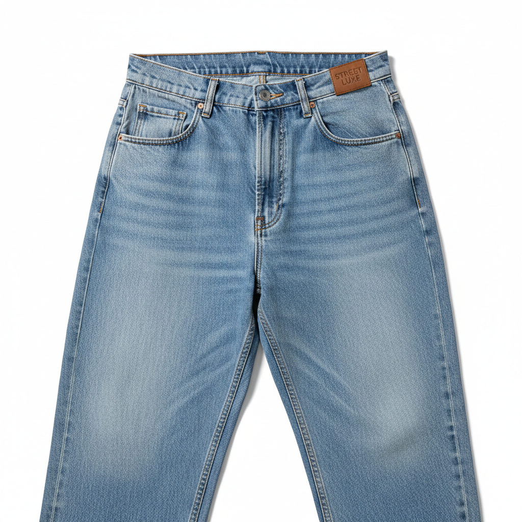 Baggy jeans laid flat on white background